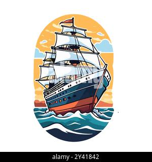 Énorme bateau à voile mignon contre un fond de ciel lumineux, autocollant vintage sur blanc Illustration de Vecteur