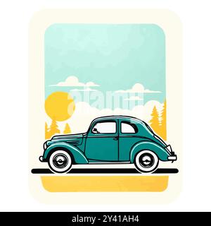Voiture rétro vert brillant sur fond de ciel bleu, autocollant vintage sur blanc Illustration de Vecteur
