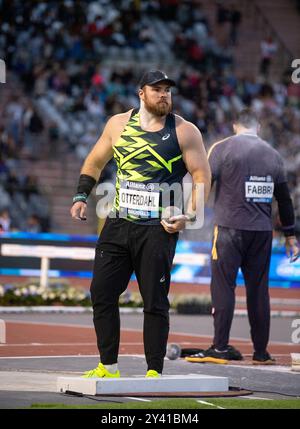 Payton Otterdahl, des États-Unis, en compétition dans le lancer du tir masculin lors de la finale d’athlétisme de la Memorial Van Damme Diamond League au stade King Baudouin Banque D'Images