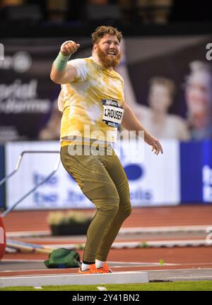 Ryan Crouser, des États-Unis, en compétition dans le lancer du tir masculin aux finales d’athlétisme de la Memorial Van Damme Diamond League au stade King Baudouin à Brus Banque D'Images