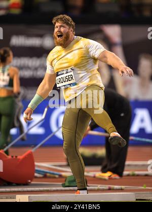 Ryan Crouser, des États-Unis, en compétition dans le lancer du tir masculin aux finales d’athlétisme de la Memorial Van Damme Diamond League au stade King Baudouin à Brus Banque D'Images