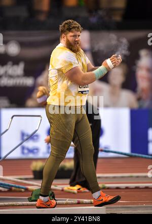 Ryan Crouser, des États-Unis, en compétition dans le lancer du tir masculin aux finales d’athlétisme de la Memorial Van Damme Diamond League au stade King Baudouin à Brus Banque D'Images