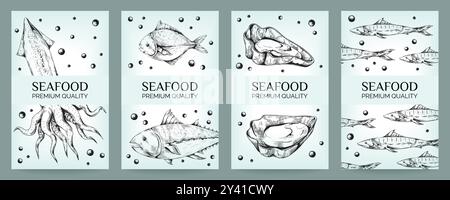 Affiches de fruits de mer. Fruits de mer de qualité supérieure, couverture de menu pour le restaurant, étiquette de conception d'emballage de produits océaniques. Eléments isolés de style esquisse dessinés à la main. Cuisine imprimé marin. Illustration vectorielle Illustration de Vecteur