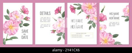 Cartes de fleurs. Invitation de mariage. Fleurs roses. Événement de célébration de mariage. Bouquet printanier. Lys pastel. Magnolia fleurit. Cadres floraux. Branche de rose musquée. Date anniversaire. Ensemble de bannières de vacances vectorielles Illustration de Vecteur