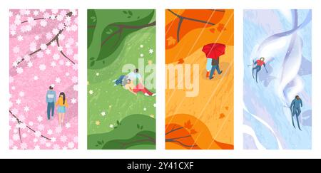 Arrière-plans saisonniers. Homme et femme marchant dehors. Fleurs de cerisier de sakura printanier. Couple se détendre dans la prairie d'été. Sports d'hiver. Les gens skient dans les montagnes. Arbres d'automne. Ensemble de saisons de la nature vectorielle Illustration de Vecteur