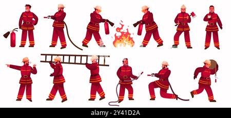 Pompiers. Flamme d'extinction de pompier. Service d'urgence. Les pompiers portent le tuyau d'eau et l'échelle. Sauvetage après allumage. Caractère en uniforme. Protection contre les flammes. Jeu de poses d'extincteur vectoriel Illustration de Vecteur