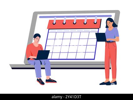 Gestion du temps. Planification du calendrier. Grand PC portable. Des gens minuscules travaillant sur des ordinateurs. Rappel du plan d'échéance. Agenda. Caractère de bureau. Organisateur d'entreprise. Productivité des employés. Concept de vecteur Illustration de Vecteur