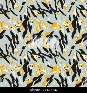 Motif imprimé fleuri sauvage moderne en tissu imprimé avec textures de tissu en lin. Fleurs sombres boho dessinées à la main stylisées pour les éléments de design décoratifs Banque D'Images