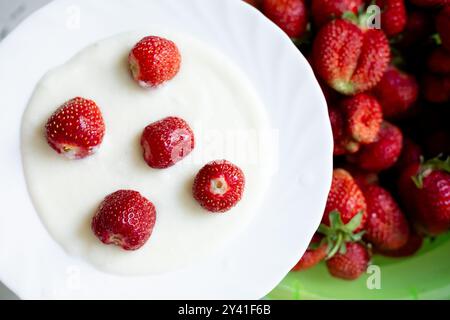 bouillie de semoule dans une assiette avec des morceaux de fraises, vue de dessus Banque D'Images