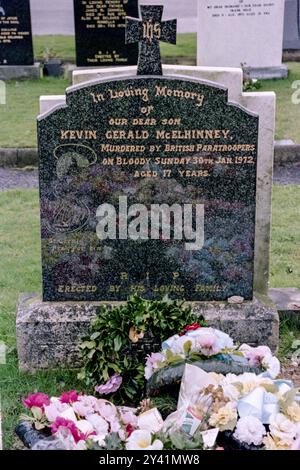 Fleurs sur la pierre tombale marquant la tombe de Kevin McElhinney, alors que la ville se prépare à marquer le 20e anniversaire du massacre du dimanche sanglant au cimetière de Derry City, le 24 janvier 1992 à Londonderry, Irlande du Nord. McElhinney et 13 autres ont été tués par des soldats britanniques lors d'une marche pour les droits civiques à Guildhall Square en 1972. Banque D'Images