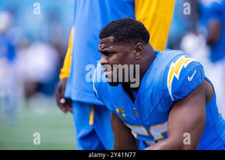 Charlotte, Caroline du Nord, États-Unis. 15 septembre 2024. Khalil Mack (52), linebacker des Los Angeles Chargers, avant le match de la NFL à Charlotte, Caroline du Nord. (Scott Kinser/Cal Sport Media). Crédit : csm/Alamy Live News Banque D'Images