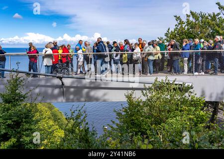 Der Skywalk Königsstuhl an den Kreidefelsen von Rügen, Aussichtsplattform an der berühmten Felsformation Königsstuhl, Barrierefrei, im Nationalpark Jasmund, Blick auf die Ostsee und die Kreidefelsen Küste, zwischen Sassnitz und Lohme, Mecklenburg-Vorpommern, Deutschland, Skywalk Königsstuhl *** The Skywalk Königsstuhl sur les falaises de craie de Rügen, plate-forme d'observation de la célèbre formation roche de Königsstuhl, vue sur la côte balnéaire de Königsstuhl, mer Baltique, Secklembourgeoise, Secklench-mer de la côte de Jasmerd, Mecklembourg, Allemagne, Mecklembourg-Secklembourg-Smerd, entre la mer de et la mer de Banque D'Images