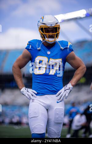 Charlotte, Caroline du Nord, États-Unis. 15 septembre 2024. Joey Bosa (97), linebacker des Chargers de Los Angeles, avant le match contre les Panthers de la Caroline dans le match de la NFL à Charlotte, Caroline du Nord. (Scott Kinser/Cal Sport Media). Crédit : csm/Alamy Live News Banque D'Images