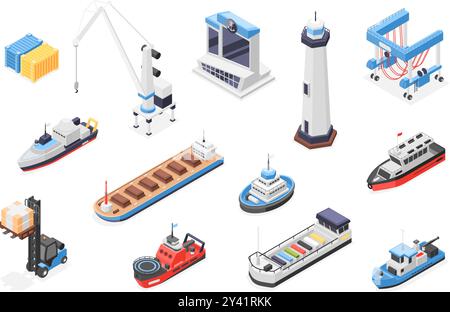 Eléments isométriques de port maritime. Icônes 3d de port maritime industriel. Navires navires conteneurs de fret de phare. Ensemble de vecteurs impeccables de transport maritime Illustration de Vecteur