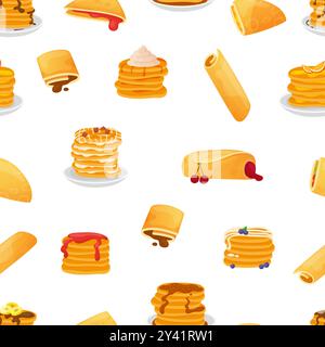 Motif sans couture de crêpe. Crêpes sucrées avec chocolat aux baies de confiture. Crêpes sur assiette en rouleau avec garniture. Impression de désert de nourriture, dessin animé vectoriel Illustration de Vecteur