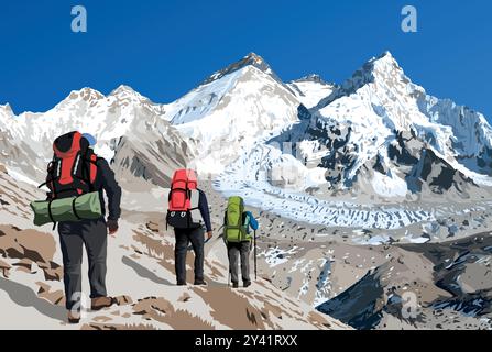 Mont Everest, pic Lhotse et Mont Nuptse vus depuis le camp de base de Pumori avec trois randonneurs, grimpeurs, alpinistes, illustration vectorielle, Mont Everest 8,8 Illustration de Vecteur