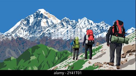 Pic du mont Dhaulagiri vu du col de Jaljala et illustration vectorielle de trois randonneurs, montagnes de l'Himalaya du Népal Illustration de Vecteur