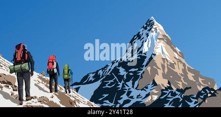Illustration vectorielle de montagne, trois randonneurs, montagnes de l'Himalaya, beau pic, mont Everest avec des randonneurs Illustration de Vecteur