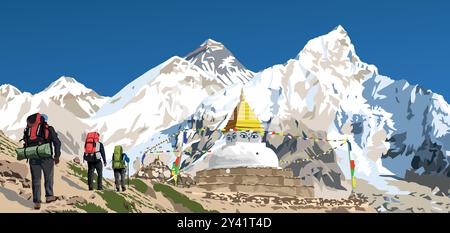 Mont Everest et Nuptse vus de Kala Patthar avec trois randonneurs et stupa bubbhist, illustration vectorielle, Mont Everest 8 848 m, vallée de Khumbu, Népal Illustration de Vecteur