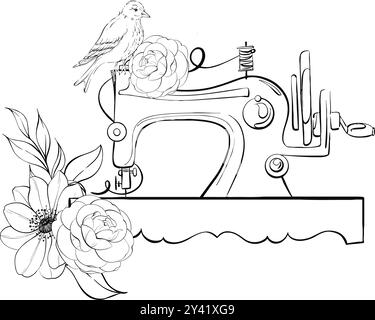 Machine à coudre vintage avec oiseau et fleurs romantiques pour la confection. Motif vêtements. Artisanat dans un style rétro. Vintage old-fashion, tailleur pour logo Illustration de Vecteur