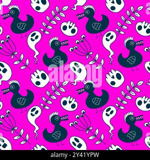 Halloween animaux sans couture crânes et canards modèle pour l'emballage du papier et des tissus et des draps et des vêtements pour enfants imprimés et accessoires de fête d'automne. Hig Banque D'Images
