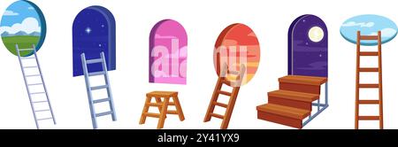 Escaliers surréalistes de dessin animé. Vue sur les fenêtres vibrantes, escaliers en bois métallique mènent aux rêves et aux mondes de contes de fées. Stairway Out, aujourd'hui métaphore vectorielle Illustration de Vecteur