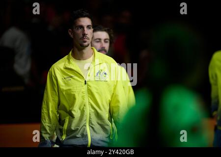 Valencia, Espagne. 15 septembre 2024. Thanasi Kokkinakis, de l'équipe australienne, vu lors de la finale de la Coupe Davis du Groupe B en simple match à Pabellon Fuente de San Luis. Pablo Carreno Busta, de l'équipe espagnole, a gagné 2/6, 6/2, 7/6 (photo Vicente Vidal Fernandez/SOPA images/SIPA USA) crédit : SIPA USA/Alamy Live News Banque D'Images