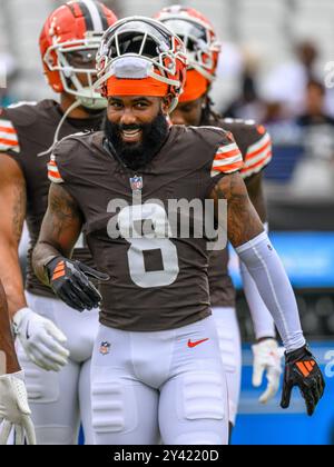 Jacksonville, Floride, États-Unis. 15 septembre 2024. Elijah Moore (8), receveur des Browns de Cleveland, lors de l'échauffement avant un match contre les Jaguars de Jacksonville à Jacksonville, FL. Romeo T Guzman/Cal Sport Media/Alamy Live News Banque D'Images