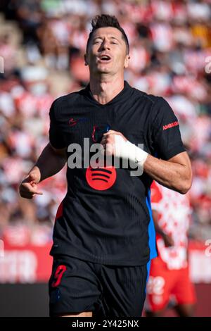 Robert Lewandowski (FC Barcelone) fait un geste lors d'un match de la Liga EA Sports entre Girona FC et FC Barcelone à l'Estadi Municipal de Montilivi à Gérone, Espagne, le 15 septembre 2024. Photo de Felipe Mondino/SOPA images. Girona FC 1 - FC Barcelona 4./Sipa USA crédit : Sipa USA/Alamy Live News Banque D'Images