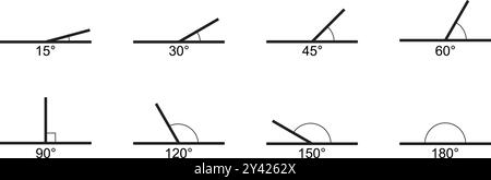 Ensemble d'icônes de degrés d'angle. Collection de valeurs variuos rapporteurs isolées sur fond blanc. Mesures géométriques. Symboles mathématiques. Vecteur Illustration de Vecteur