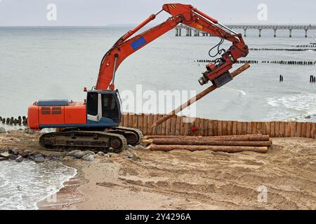 Machine pour enfoncer des pieux au bord de la mer. Travaux sur le renforcement du littoral. Conduite de brise-lames en bois Banque D'Images