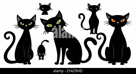 Une collection de chats noirs mignons avec différentes poses et expressions, parfait pour ajouter une touche de fantaisie à vos créations d'Halloween. Illustration de Vecteur