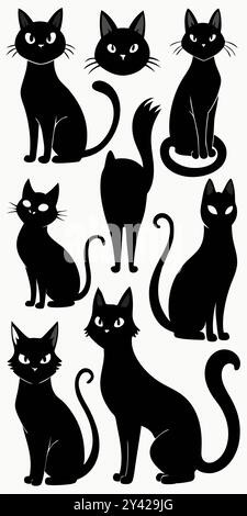 Un ensemble de neuf silhouettes de chat noir, parfait pour ajouter une touche fantaisie à vos créations. Illustration de Vecteur