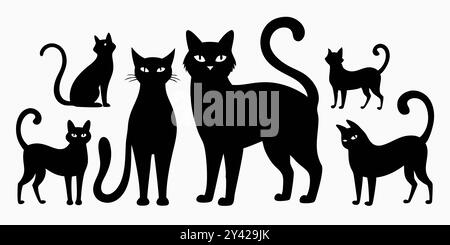 Une collection de six silhouettes de chat noir dans différentes poses, parfaites pour ajouter une touche de fantaisie et de charme à vos créations. Illustration de Vecteur