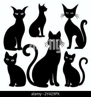 Six silhouettes de chat noir, chacune dans une pose différente, offrant un ensemble polyvalent pour des projets de conception, des illustrations ou la création de motifs ludiques. Illustration de Vecteur