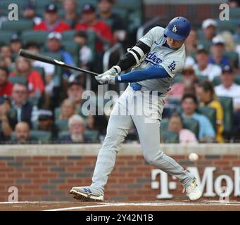 Atlanta, États-Unis. 15 septembre 2024. Les Dodgers de Los Angeles désignées comme frappeur Shohei Ohtani frappe pour mener le match lors de la première manche contre les Braves d'Atlanta à Truist Park le dimanche 15 septembre 2024 à Atlanta, en Géorgie. Photo de Mike Zarrilli/UPI crédit : UPI/Alamy Live News Banque D'Images