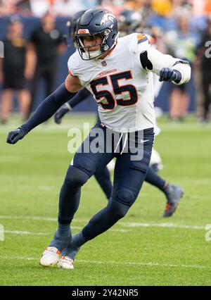 Denver, États-Unis. 15 septembre 2024 : le linebacker des Broncos de Denver Cody Barton (55 ans) cherche à jouer dans la seconde moitié du match de football entre les Broncos de Denver et les Steelers de Pittsburgh Derek Regensburger/CSM. Crédit : Cal Sport Media/Alamy Live News Banque D'Images