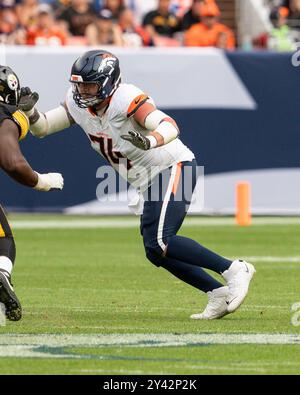 Denver, États-Unis. 15 septembre 2024 : le garde des Broncos de Denver Ben Powers (74 ans) cherche à bloquer dans la seconde moitié du match de football entre les Broncos de Denver et les Steelers de Pittsburgh Derek Regensburger/CSM. Crédit : Cal Sport Media/Alamy Live News Banque D'Images