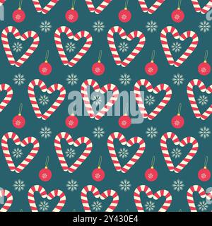 Candy Canes coeur en forme de jouet de Noël et motif sans couture de flocon de neige. Idée de fond du nouvel an. Papier peint vectoriel isolé, emballage, textile, affiche, bannière, cartes, étiquette ou concept de conception web Illustration de Vecteur