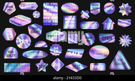 Autocollants hologrammes dégradés, étiquettes irisées y2k. Ensemble vectoriel de patchs holographiques ou d'étiquettes présentant diverses formes et phrases, offrent une esthétique rétro et futuriste pour les promotions et les ventes Illustration de Vecteur