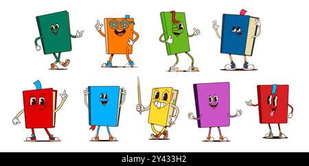 Drôle de manuel, cahier et BEST-seller livres groovy personnages. Personnages animés de vecteur de dessin animé avec des couvertures colorées vibrantes et des expressions ludiques prêtes pour l'éducation, l'apprentissage et la narration Illustration de Vecteur