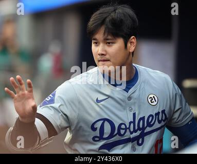 Atlanta, États-Unis. 15 septembre 2024. Shohei Ohtani, le frappeur désigné des Dodgers de Los Angeles, interagit avec ses coéquipiers dans la dugout avant le match contre les Braves d'Atlanta au Truist Park le dimanche 15 septembre 2024 à Atlanta, en Géorgie. Photo de Mike Zarrilli/UPI crédit : UPI/Alamy Live News Banque D'Images