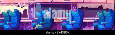 Train abandonné à l'intérieur avec des sièges endommagés par fenêtre cassée. Illustration de dessin animé vectoriel de vieille voiture de tourisme, compartiment de métro sale avec des chaises poussiéreuses, toile d'araignée sur les murs, ordures sur la table, mauvais service Illustration de Vecteur