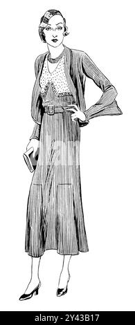 1932 illustration de mode pour dames. Une femme dans une robe longueur mollet et veste avec chapeau et sac à main. Banque D'Images