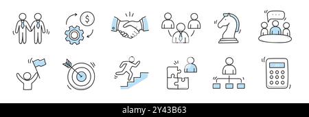 Ensemble de carrière de bureau d'affaires d'esquisse d'icône dessinée à la main. Doodle cible de bureau d'affaires dessinée à la main, travail de groupe de finance, stratégie de travail d'équipe de carrière. Cible, puzzle, élément graphique. Illustration vectorielle. Illustration de Vecteur