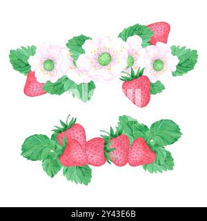 Fraise aquarelle dessinée à la main avec des feuilles et ensemble de composition de fleur de fraise isolé sur fond blanc. Peut être utilisé pour étiquette, carte et Othe Banque D'Images