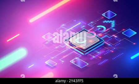 Processeur CPU ou processeur de puce électronique avec ai. Puce ai incandescente sur la carte mère. Technologie d'intelligence artificielle dans la puce électronique sur carte PCB. Quincaillerie Illustration de Vecteur