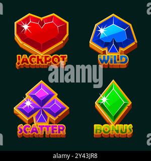 Symboles coeur, pique, diamant et club pour votre jeu occasionnel. Quatre icônes - BONUS, WILD, Jackpot et SCATTER pour les jeux de machines à sous. Ressources de jeu 2D. Illustration de Vecteur
