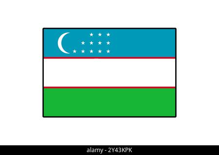 Le drapeau aux couleurs vives de l'Ouzbékistan présente un champ bleu avec un croissant de lune et des étoiles, une bande blanche et une partie inférieure verte, symbolisant la fierté et l'identité nationales. Illustration de Vecteur