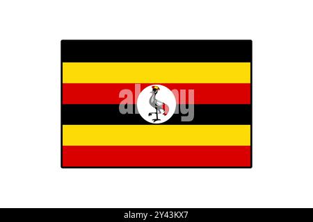 Le drapeau de l'Ouganda présente trois bandes horizontales : noir, jaune et rouge, ainsi que l'emblème national représentant une grue couronnée au centre. Il symbolise l'unité et la richesse. Illustration de Vecteur